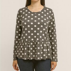 Francesca's Size Medium Gray Polka Dot Peplum Top.